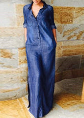 Elegante vestido largo de mezclilla con cuello Peter Pan azul y patchwork de manga larga